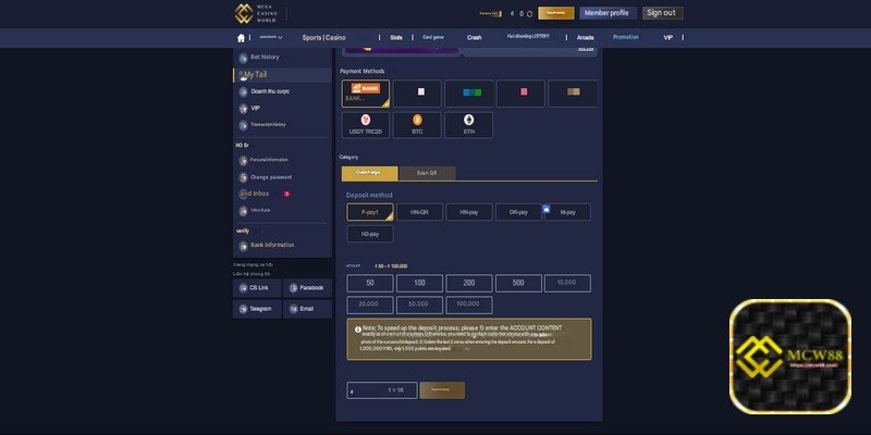 Quick top-up at MCW88 - Choose Payment Method